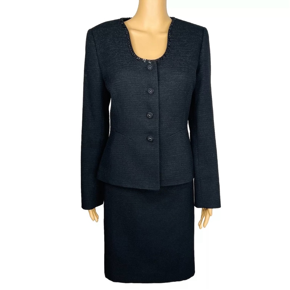 Tahari ASL Polyester Metallic Skirt Suit Black Embellished Collarless 2PC